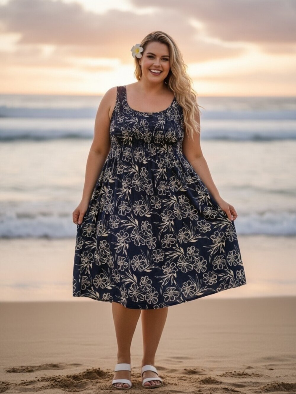 VINTAGE Aloha Hut Plus Size Blue & White Smocked Flowy Midi Dress